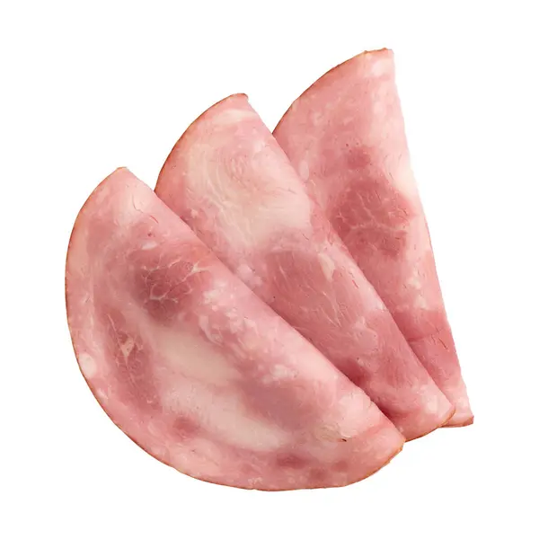 Ronde Stukken Ham Geïsoleerd Witte Achtergrond Drie Stukken Varkensvlees Ham — Stockfoto