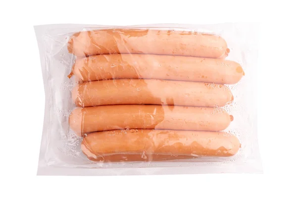 Fresh Boiled Sausages Transparent Plastic Bag Isolated White Background Clipping — Stock Photo, Image