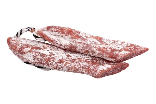 サラミソーセージ 薄い乾燥した治された豚肉ソーセージ 白い背景で分離された独特な味と クリッピング 上の眺め — ストック写真