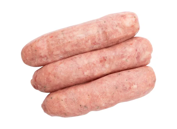 Three Uncooked Pork Sausages Isolated White Background Clipping Path Top — Stock Photo, Image