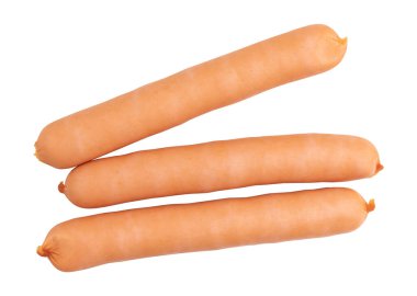 Beyaz arka planda izole edilmiş taze haşlanmış sosisler kırpma yolu, üst görünüm
