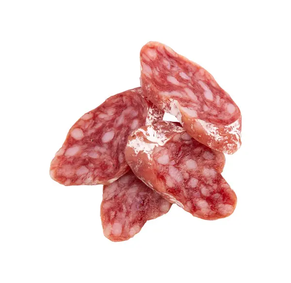 slices of salami isolated on white background with clipping path, concept of tasty food with salami sausage
