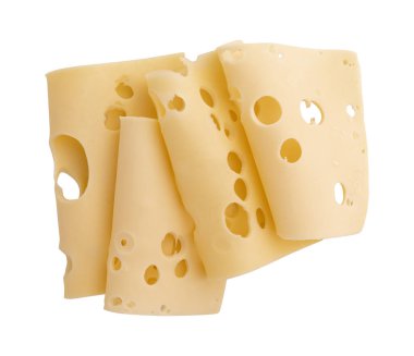 Masdam peynir dilimleri yakın plan delikleri, beyaz arkaplanda izole edilmiş İsviçre peyniri kırpma yolu, üst görünüm