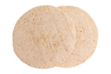 Yuvarlak tahıllı tortilla veya pide lavı, yukarıdan izole edilmiş beyaz arka planda iki yuvarlak ekmek, kırpma yolu ile, taco veya burrito yapmak için mükemmel.