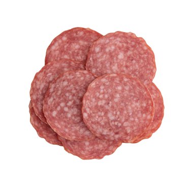 Düzen yaratmak için dilimlenmiş salam sosisi parçaları. Beyaz arka planda izole edilmiş salam sosisleri ve kırpma yolu.