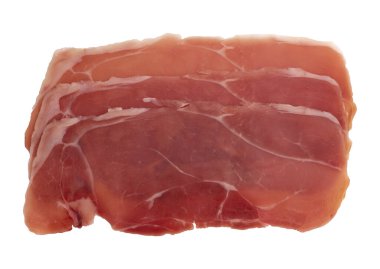 Jamon, prosciutto, kırpma yolu ile beyaz üzerine izole edilmiş, kurutulmuş et veya jambon dilimleri, üst görünüm