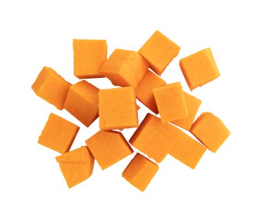 Beyaz arka planda izole edilmiş balkabağı dilimleri kesme yolu, üst manzara, balkabağı seti, sağlıklı organik sebzeler.