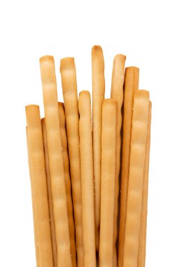 İtalyan çubuğu Grissini, geleneksel ekmek çubukları beyaz arka planda kırpma yolu ile izole edilmiş.