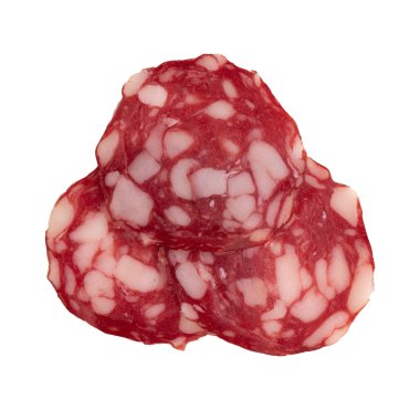 Tütsülenmiş sosis salamı beyaz zemin üzerinde izole edilmiş, kırpma yolu, üst görünüm, düz yatıyordu