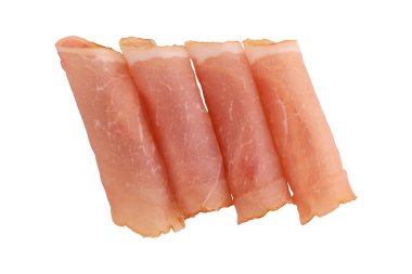 Dilimlenmiş et parçaları, domuz pastırması, soğuk haşlanmış domuz eti, kırpma yolu olan beyaz arka planda izole edilmiş balyk, katlanmış atıştırmalık et,