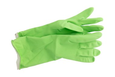 Kırpma yolu ile beyaz arkaplanda izole edilmiş bir çift yeşil lastik temizleme eldiveni