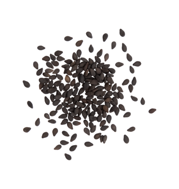 Siyah susam, beyaz arka planda izole edilmiş, üst görünüm, Asya mutfağında kullanılan en yüksek yağ içeriğine sahip tohum.