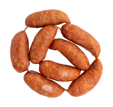 Beyaz arka planda izole edilmiş füme sosis, üst manzara, yakın çekim, doğal sarımsak aromalı geleneksel et sosisi, paket tasarımı için fotoğraf, şablon.