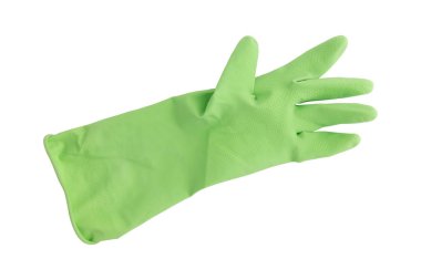 Beyaz arka planda izole edilmiş yeşil lastik eldiven, temizlik yaparken, bulaşık yıkarken veya bahçe işlerken ellerinizi korumak için lateks eldiven.