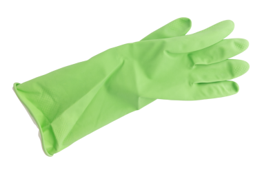 Beyaz arka planda izole edilmiş yeşil lastik eldiven, temizlerken ellerinizi korumak için lateks eldiven.