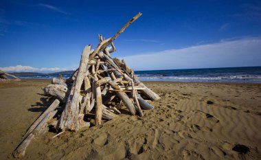 Issız bir sahildeki ahşap kulübe.