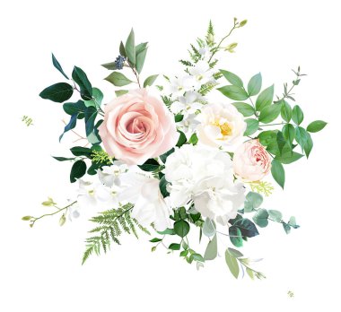 Klasik beyaz ortanca, manolya ve orkide çiçekleri, pembe bahçe gülleri, eğreltiotu, salal, yeşil vektör tasarımı düğün çiçeği. Çiçekli yaz suluboya. Elementler izole ve düzenlenebilir.