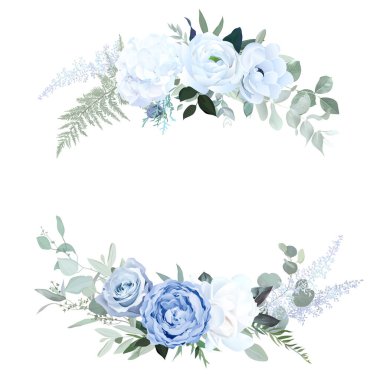 Tozlu mavi gül, beyaz ortanca, ranunculus, anemon, okaliptüs, yeşillik, ardıç, manolya vektör tasarım iskeleti. Düğün mevsimlik çiçek kartı. Çiçekli suluboya kompozisyon. İzole ve düzenlenebilir