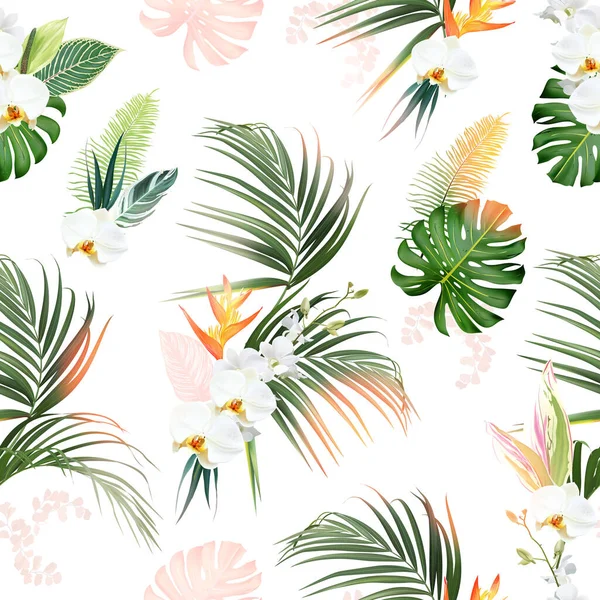Tropická Zeleň Exotickými Palmovými Listy Bílou Orchidejí Monsterou Oranžovým Rajským — Stockový vektor