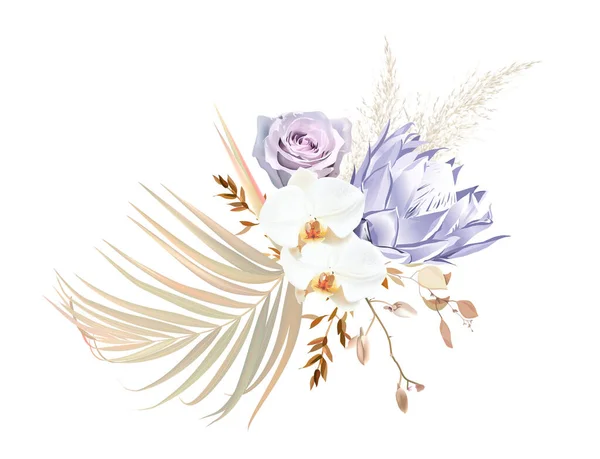 时尚的干棕榈叶 紫色枫树白蛋白 白色兰花 紫罗兰玫瑰 潘帕斯草矢量设计结婚花束 流行的花 元素是孤立和可编辑的 — 图库矢量图片