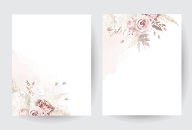 Modern bej ve kızarık moda vektör tasarım çerçeveleri. Pastel pampa otları, eğreltiotu, beyaz şakayık, soluk manolya, ranunculus, pembe gül. Suluboya fırça dokusu. Düğün davetiyesi. İzole ve düzenlenebilir