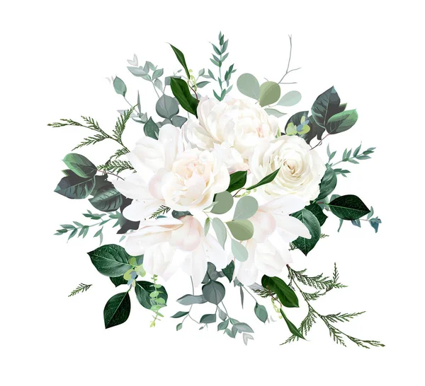 象牙のバラ 白い牡丹とマグノリア ユーカリベクトルデザインの花束 素朴な結婚式の緑 グリーン エメラルド ベージュ ミント ホワイトトーン 水彩風の花 — ストックベクタ