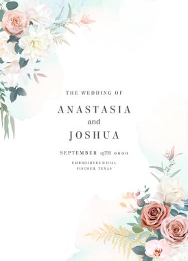 Gümüş adaçayı ve pembe çiçek vektör tasarımı çerçevesi. Tozlu gül, manolya, yıldız çiçeği, orkide, pampa otu, yeşillik. Düğün çiçekleri. Pastel suluboya arka plan. Elementler izole ve düzenlenebilir.