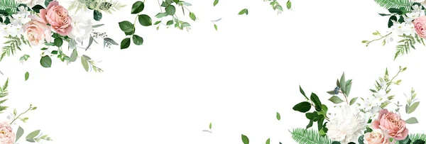 Klassieke Witte Pioen Hortensia Roze Roos Orchidee Bloemen Eucalyptus Varen — Stockvector