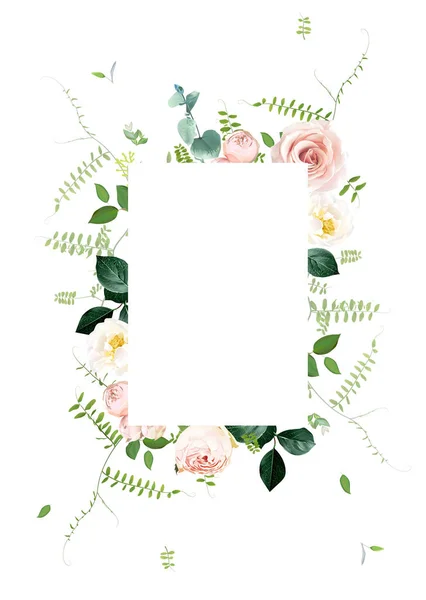 Floral Rose Garden Vector Frame Hand Painted Plants Branches Leaves — Stock Vector