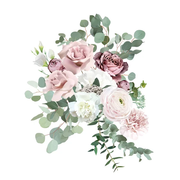 银鼠草绿 粉红花朵矢量设计花束 尘土飞扬的玫瑰 白色的康乃馨 婚礼花环 水彩画孤立和可编辑的 — 图库矢量图片
