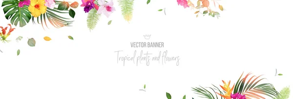 Tropisk Fana Arrangerad Exotiska Smaragdblad Och Exotiska Blommor Paradisväxter Grönska — Stock vektor