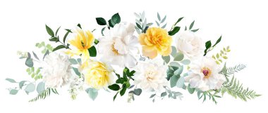 Sarı gül, fildişi yıldız çiçeği, beyaz şakayık, lale, orkide, bahar bahçesi çiçekleri, zümrüt yeşili, okaliptüs, eğreltiotu, vektör tasarımı düzenlemesi. Düğün yaz buketi. Elementler izole ve düzenlenebilir.