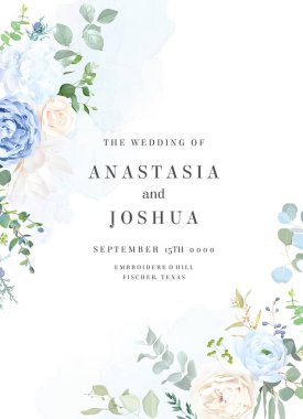 Kremalı bej gül, tozlu mavi ranunculus, manolya, beyaz ortanca, şakayık, okaliptüs, yeşillik, böğürtlen ardıç vektör tasarım pankartı. Düğün mevsimi çiçeği. Çiçekli suluboya. İzole ve düzenlenebilir