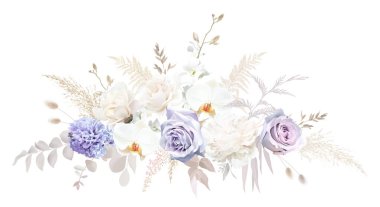 Moda olmuş kurumuş yapraklar, mor leylak rengi bir gül, beyaz orkide, mor gül, sümbül, pampa otları vektör buketi. Moda suluboya çiçekleri. Elementler izole ve düzenlenebilir.