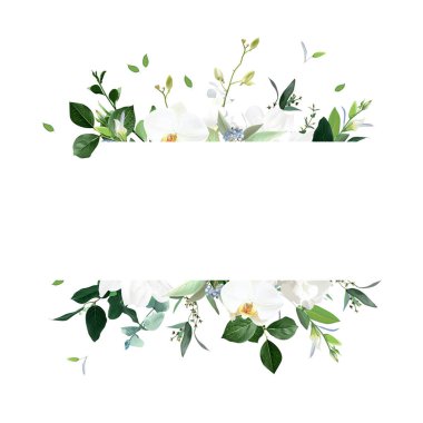 Floral horizontal vector frame. Hand painted plants, branches, leaves on a white background. Greenery wedding simple invitation template. Watercolor style card. All elements are isolated and editable