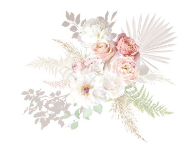 Boho beige and blush pink trendy vector design bouquet. Pastel dried pampas grass, ivory peony, fern, dusty pink rose, ranunculus, tropical leaves. Wedding floral. Elements are isolated and editable