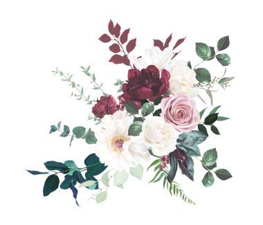 Blush pink rose, burgundy red peony, ranunculus, ivory white magnolia flowers vector design bouquet. Wedding floral and greenery. Mint, pink, silver, sage tones. Elements are isolated and editable