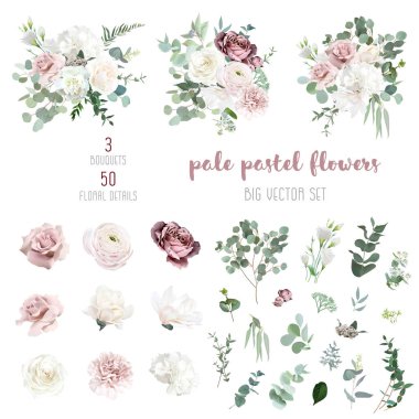 Silver sage green and blush pink flowers vector design big set. Dusty rose, white carnation, mauve rose, ranunculus, eucalyptus, greenery. Wedding floral garland. Watercolor. Isolated and editable