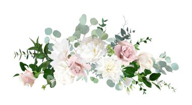 Silver sage green and blush pink flowers vector design bouquet. Dusty rose, white dahlia, beige magnolia, ivory peony, eucalyptus, greenery. Wedding floral garland. Watercolor. Isolated and editable