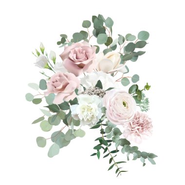 Silver sage green and blush pink flowers vector design bouquet. Dusty rose, white carnation, beige magnolia, ranunculus, eucalyptus, greenery. Wedding floral garland. Watercolor. Isolated and editable