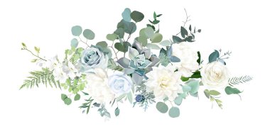Gümüş rengi adaçayı yeşili, nane, mavi, beyaz çiçek vektör deseni bahar buketi. Şakayık, gül, bej yıldız çiçeği, sulu, okaliptüs, yeşillik. Çiçekli düğün çelengi. Pastel suluboya izole ve düzenlenebilir