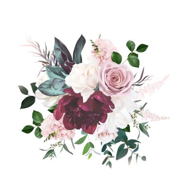 Delicate burgundy peony, white magnolia, pink rose and hydrangea, astilbe flower, eucalyptus, greenery, agonis big vector design wedding bouquet.Floral watercolor.Elements are isolated and editable