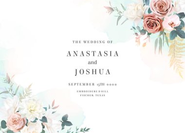 Gümüş adaçayı ve pembe çiçek vektör tasarımı çerçevesi. Tozlu gül, manolya, yıldız çiçeği, orkide, pampa otu, yeşillik. Düğün çiçekleri. Pastel suluboya arka plan. Elementler izole ve düzenlenebilir.