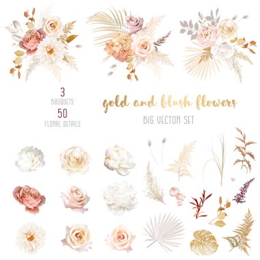 Gold, blush, beige, white rose, peony, dahlia, ranunculus, hydrangea flower, pampas grass, fern, dried palm leaves, monstera vector design big set. Nude and ivory. Elements are isolated and editable