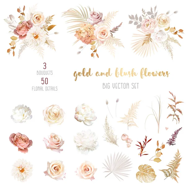 stock vector Gold, blush, beige, white rose, peony, dahlia, ranunculus, hydrangea flower, pampas grass, fern, dried palm leaves, monstera vector design big set. Nude and ivory. Elements are isolated and editable