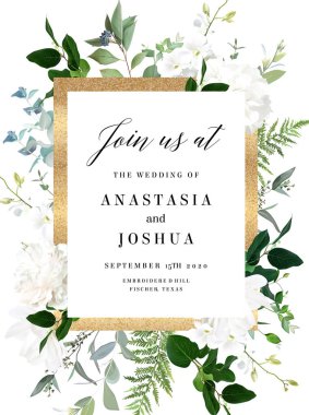 Klasik beyaz şakayık, ortanca, manolya ve orkide çiçekleri, okaliptüs, eğrelti otu, salal, yeşillik, vektör altın çerçevesi. Bahar buharı suluboya kartı. Tüm elementler izole ve düzenlenebilir.