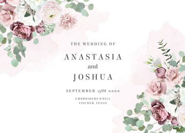 Silver sage green and blush pink flowers vector design frame. Dusty rose, white carnation, mauve rose, ranunculus, eucalyptus, greenery. Wedding floral garland. Watercolor. Isolated and editable