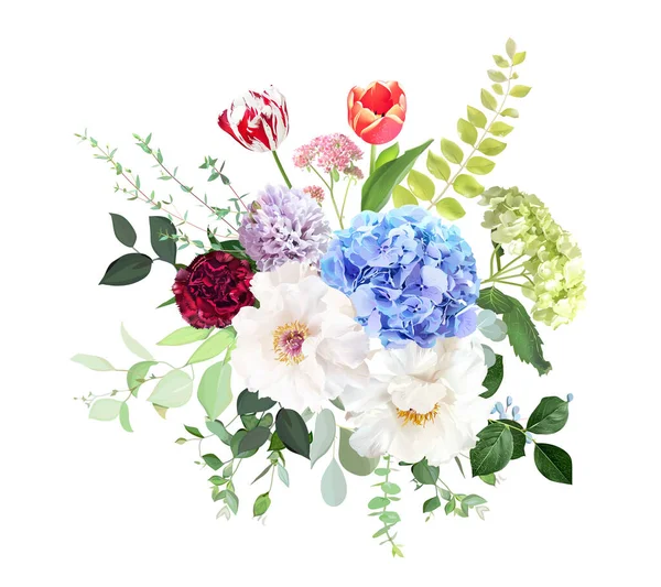 Mavi Yeşil Ortanca Çiçekleri Beyaz Şakayık Lale Mor Sümbül Kırmızı — Stok Vektör
