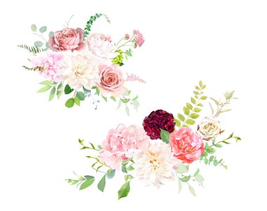 Pembe bahçe gülleri, ranunculus, şakayık, ortanca, yıldız çiçeği vektör buketleri. Düğün çiçekleri ve yeşillik. Nane, pembe, bej, yeşil renkler. Suluboya yaz çiçekleri. Elementler izole edildi