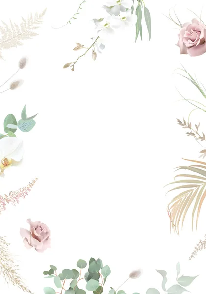 Серебристо Зеленые Румяно Розовые Цветы Пыльная Роза Белая Орхидея Пампас — стоковый вектор